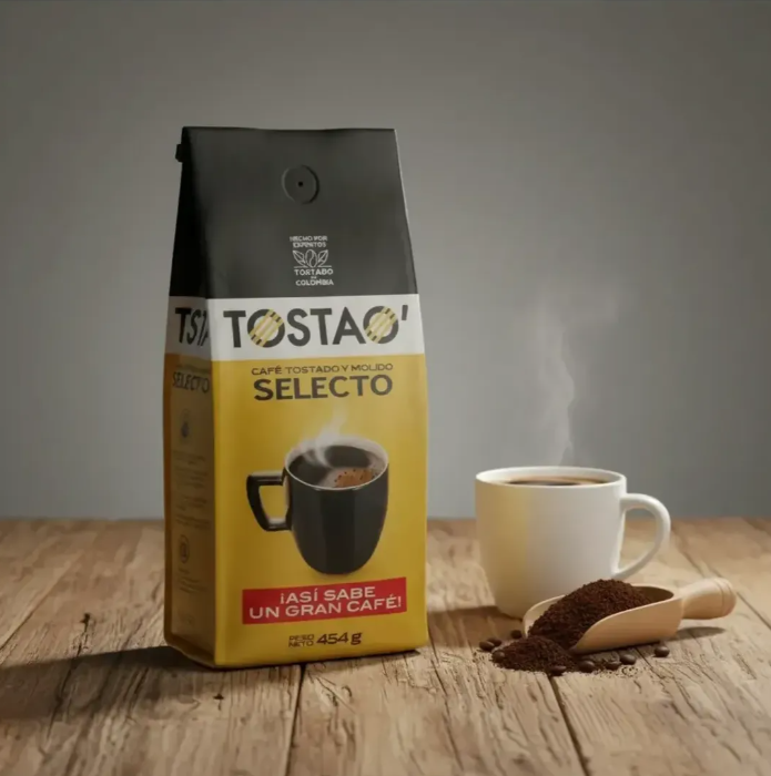 Café colombiano Selecto recién preparado, con granos molidos junto a la bolsa